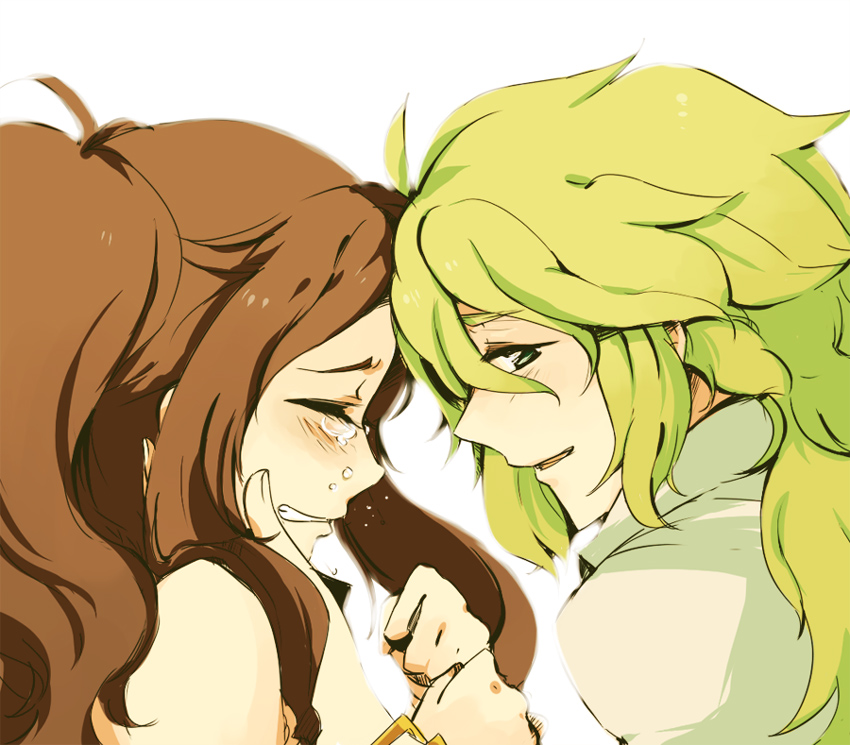 1boy, 1girl, blonde_hair, blush, brown_hair, closed_eyes, n_(pokemon), pokemon