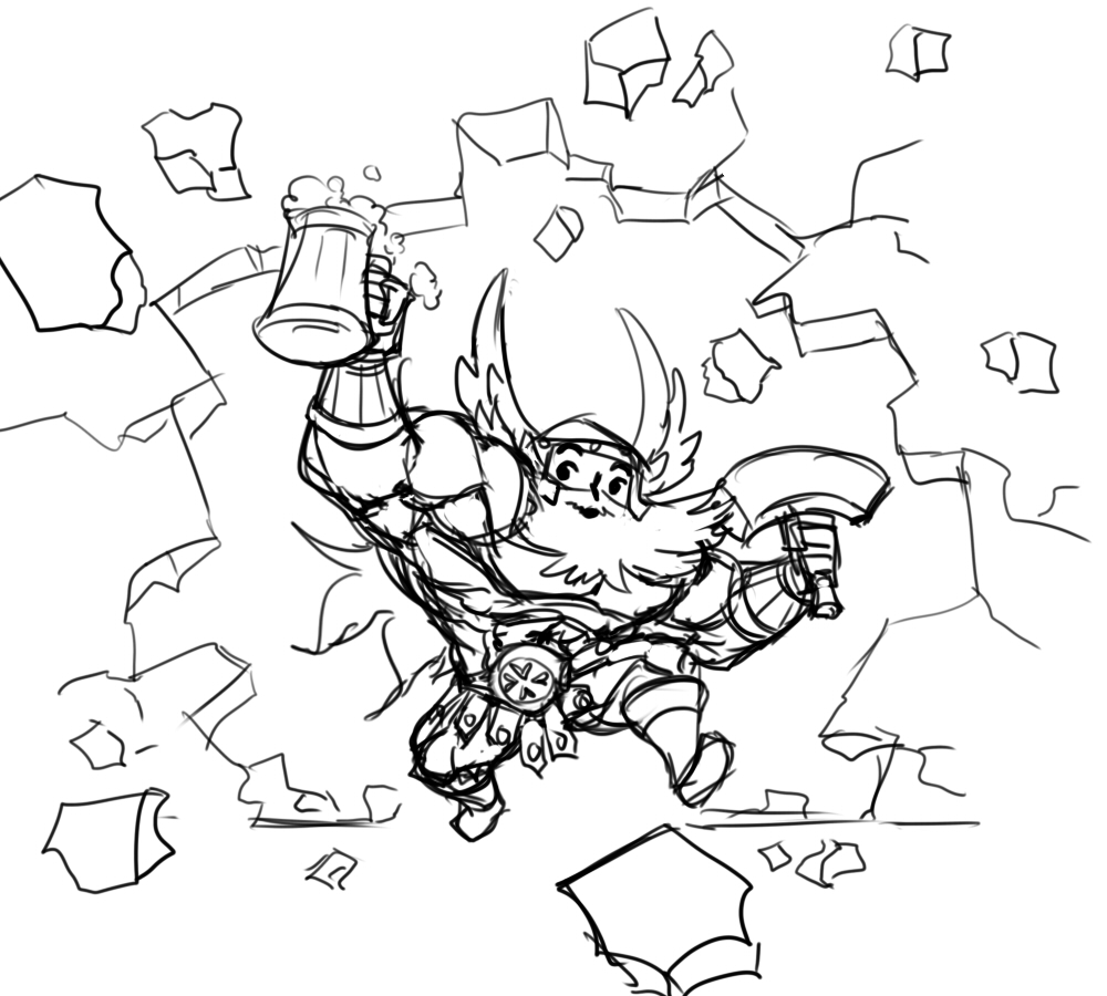 1boy, beard, beer, dragon's_crown, dwarf_(dragon's_crown), facial_hair, helmet, kool-aid, long_hair, matsu-sensei, monochrome, parody, solo, tankard, wall_crash, winged_helmet