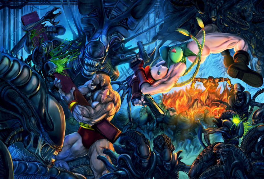 1girl, 2boys, alien, alien_(movie), alien_queen, artist_request, ass, battle, beard, beret, blood, blue_eyes, boots, braid, breasts, cammy_white, crossover, dark_skin, dhalsim, dual_wielding, egg, facial_hair, fire, gun, hat, highres, jumping, large_breasts, leotard, mohawk, multiple_boys, muscle, pistol, science_fiction, shirtless, steel_beam, street_fighter, thong_leotard, twin_braids, weapon, xenomorph, zangief