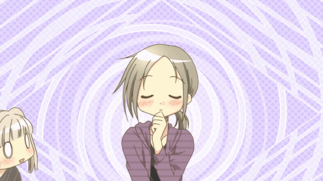 2girls, animated, blonde_hair, blush, hidamari_sketch, hug, landlady_(hidamari_sketch), multiple_girls