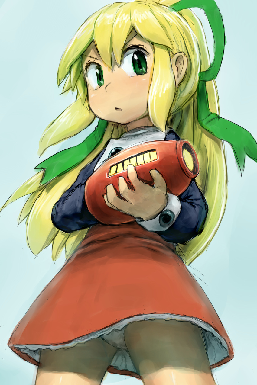 1girl, absurdres, android, arm_cannon, blonde_hair, dress, green_eyes, hair_ribbon, hayake_(chenran), highres, long_hair, panties, pantyshot, ponytail, ribbon, rockman, rockman_(classic), roll, solo, underwear, upskirt, weapon