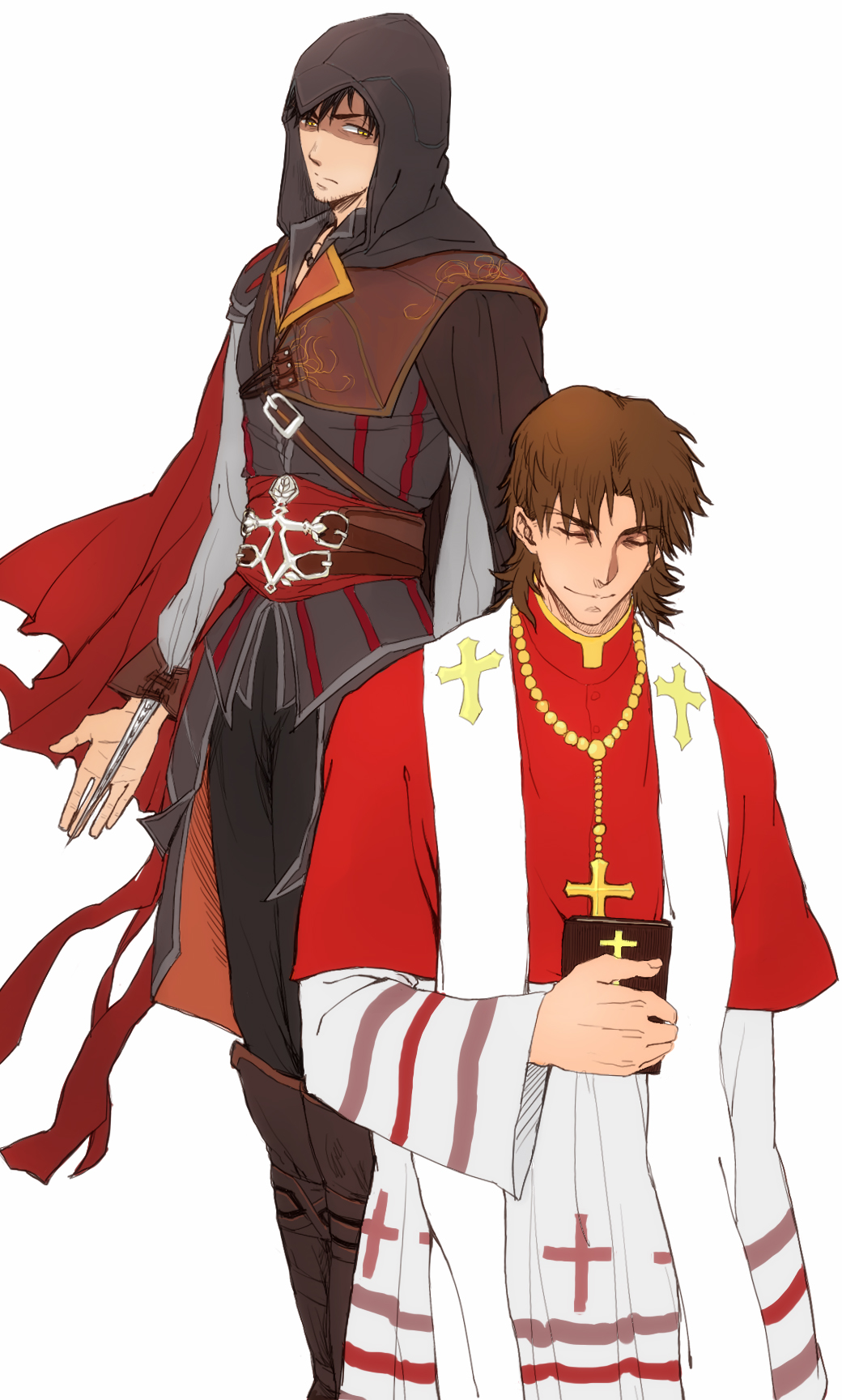 2boys, assassin's_creed, bible, black_hair, book, brown_hair, cassock, cosplay, cross, dagger, emiya_kiritsugu, ezio_auditore_da_firenze, ezio_auditore_da_firenze_(cosplay), fate/stay_night, fate/zero, fate_(series), highres, hood, kotomine_kirei, mihoutao, multiple_boys, parody, priest, robe, stole, weapon