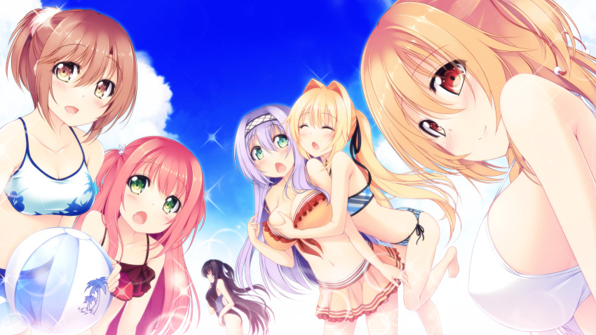 6+girls, aqua_eyes, ball, beachball, bikini, bikini_skirt, black_hair, blonde_hair, breast_grab, breasts, brown_eyes, brown_hair, closed_eyes, clouds, endou_kotoko, game_cg, green_eyes, habu_chika, hairband, highres, kazakura, koi_shiyo?, large_breasts, long_hair, multiple_girls, navel, pink_hair, purple_hair, red_eyes, sky, smile, swimsuit, tachimori_saki, tsunoda_miyabi, watarase_yuumi, yano_aya