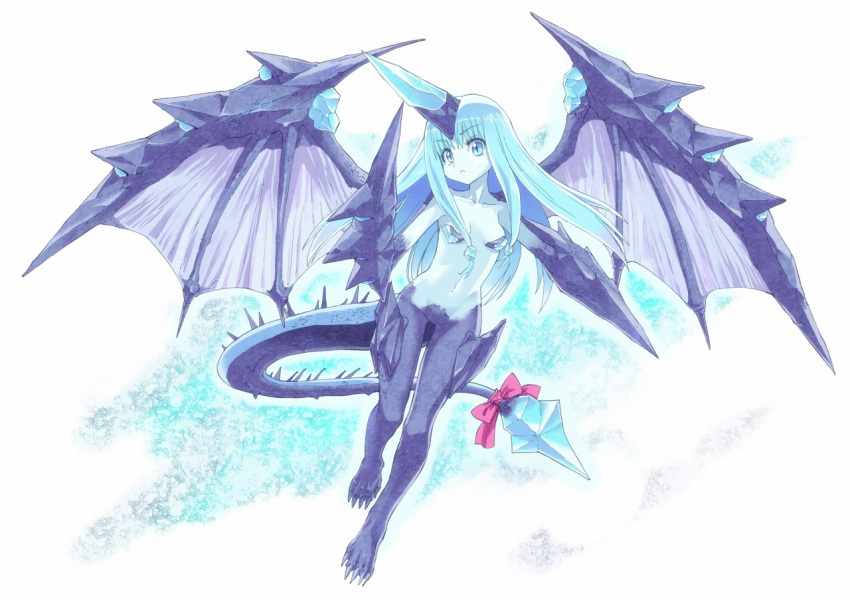 1girl, aqua_eyes, aqua_hair, bow, dragon_girl, dragon_tail, dragon_wings, horn, ko_lera, monster_girl, phantasy_star_online_2, quartz_dragon, sakuganki, tail, wings