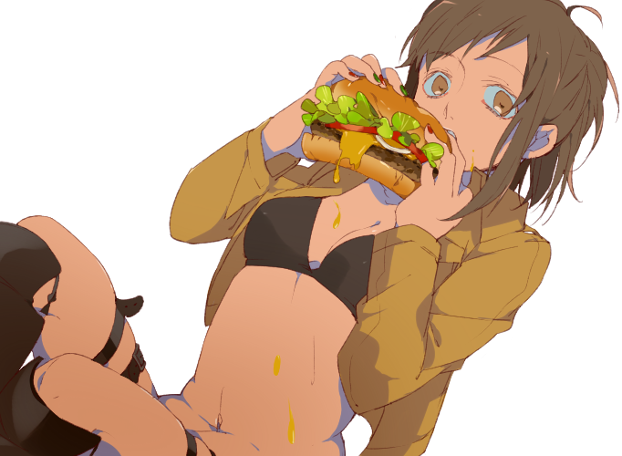 1girl, bikini_top, brown_eyes, brown_hair, eating, food, hamburger, jacket, mochida64, sasha_browse, shingeki_no_kyojin, solo, thigh_strap