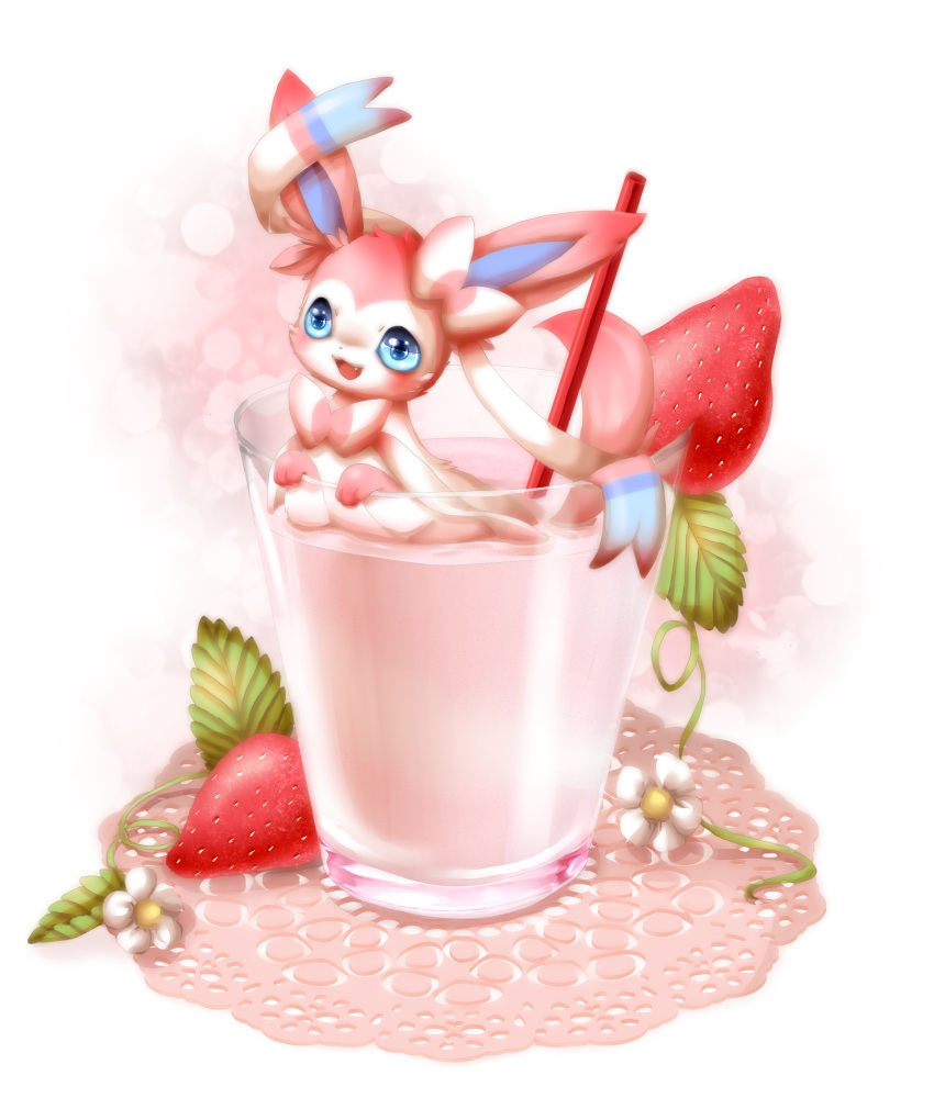 alice0701, drink, food, fruit, glass, highres, in_food, milkshake, no_humans, pokemon, pokemon_(creature), pokemon_(game), pokemon_xy, straw, strawberry, sylveon