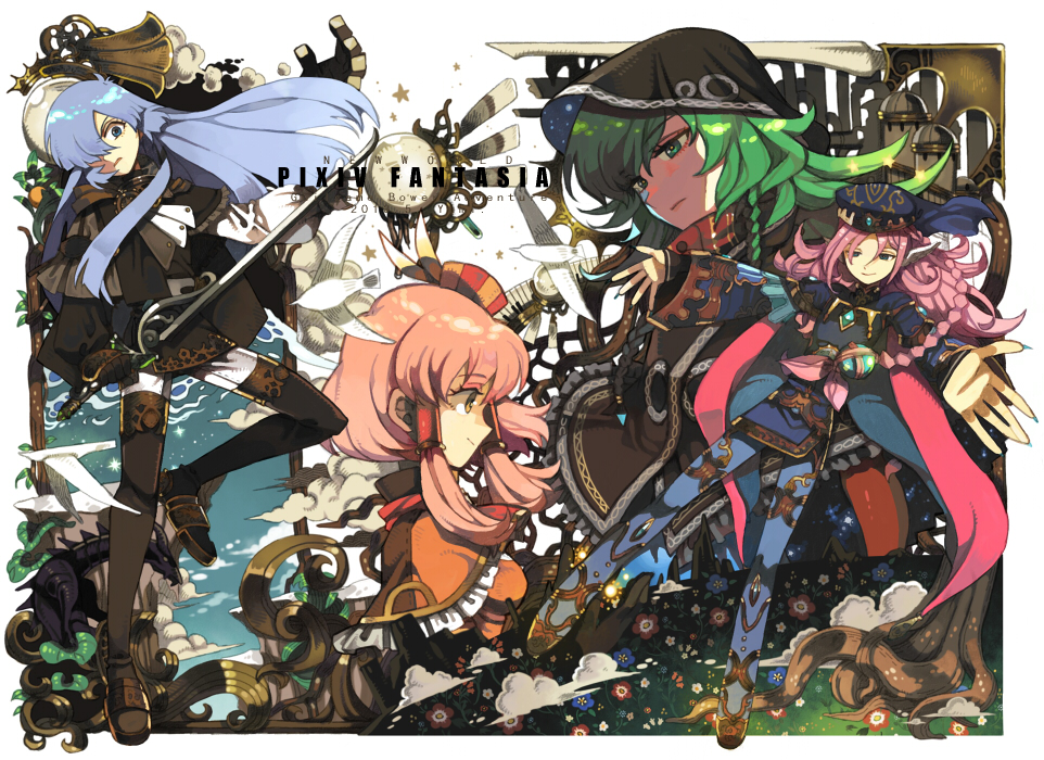 4girls, blue_eyes, blue_hair, braid, brown_eyes, clouds, green_eyes, green_hair, hair_over_one_eye, hood, long_hair, multiple_girls, pink_hair, pixiv_fantasia, pixiv_fantasia_new_world, sword, weapon, yumi_(yupopi)
