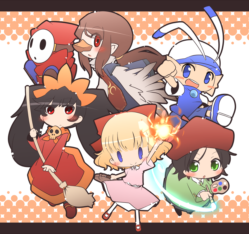 4girls, adeleine, ashley_(warioware), black_hair, blonde_hair, blue_eyes, blush, bow