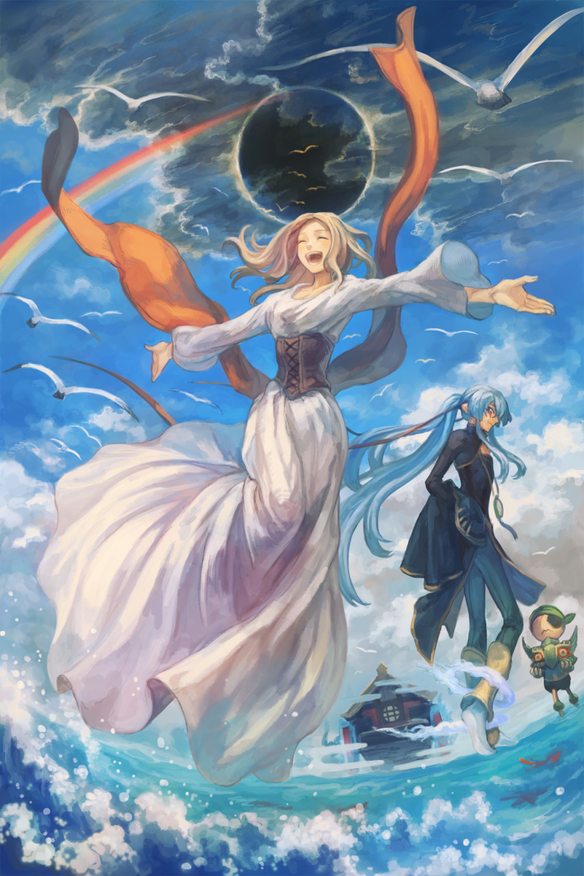 bird, blonde_hair, blue_hair, carriage, clouds, corset, highres, long_hair
