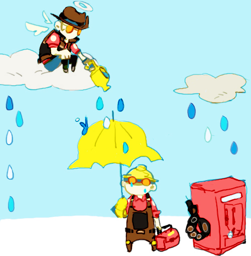 2boys, angel_wings, clouds, dispenser, gloves, goggles, halo, hat