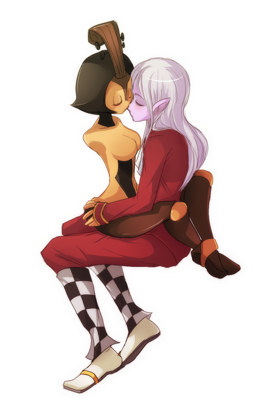 1boy, 1girl, black_hair, breasts, closed_eyes, doll_joints, highres, incipient_kiss, instrument, long_hair, muse_(skullgirls), no_arms, no_hat, no_headwear, no_nipples, paramouse, pink_skin, pointy_ears, short_hair, silver_hair, simple_background, sitting, sitting_on_lap, sitting_on_person, skullgirls, taliesin_(skullgirls), upright_straddle