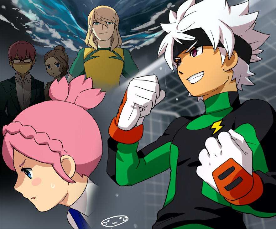 2girls, 3boys, big_waves, blue_eyes, blush, character_request, glasses, goalkeeper, green_eyes, grin, headband, ibuki_munemasa, inazuma_eleven_(series), inazuma_eleven_go, inazuma_eleven_go_galaxy, mizuhara_aki, multiple_boys, multiple_girls, nozaki_sakura, pink_hair, shinsei_inazuma_japan, smile, soccer_uniform, white_hair