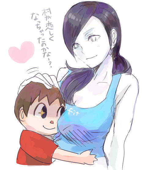 1boy, 1girl, animal_crossing, artist_request, bare_shoulders, black_hair, breast_press, breasts, brown_hair, doubutsu_no_mori, height_difference, hug, large_breasts, long_hair, marshmallow_hell, pale_skin, ponytail, smile, sparkle, super_smash_bros., tank_top, trainer_(wii_fit), translation_request, villager_(animal_crossing), villager_(doubutsu_no_mori), wii_fit