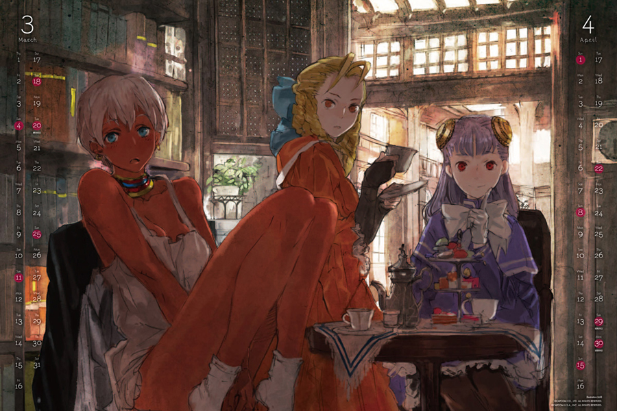 3girls, antenna_hair, april, bare_shoulders, black_legwear, blonde_hair, blue_eyes, breasts