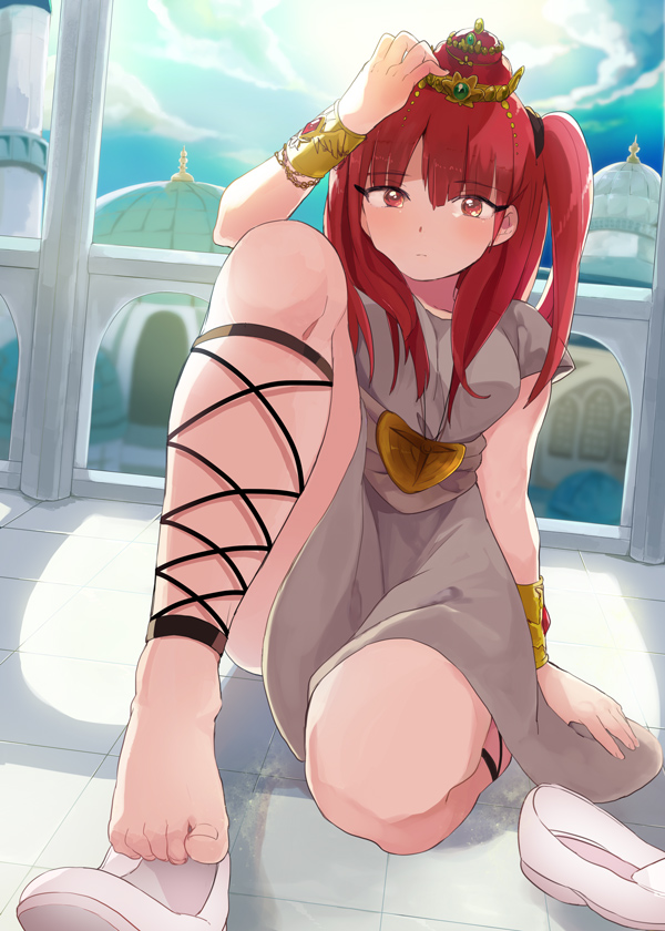 1girl, ankle_lace-up, barefoot, bracelet, cross-laced_footwear, jewelry, kneeling, long_hair, looking_at_viewer, magi_the_labyrinth_of_magic, morgiana, onaramaru, red_eyes, redhead, side_ponytail, solo