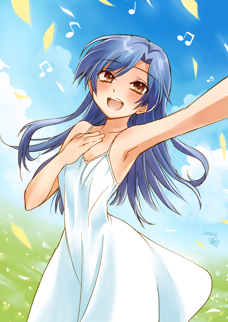 1girl, armpits, blue_hair, blush, clouds, collarbone, highres, idolmaster