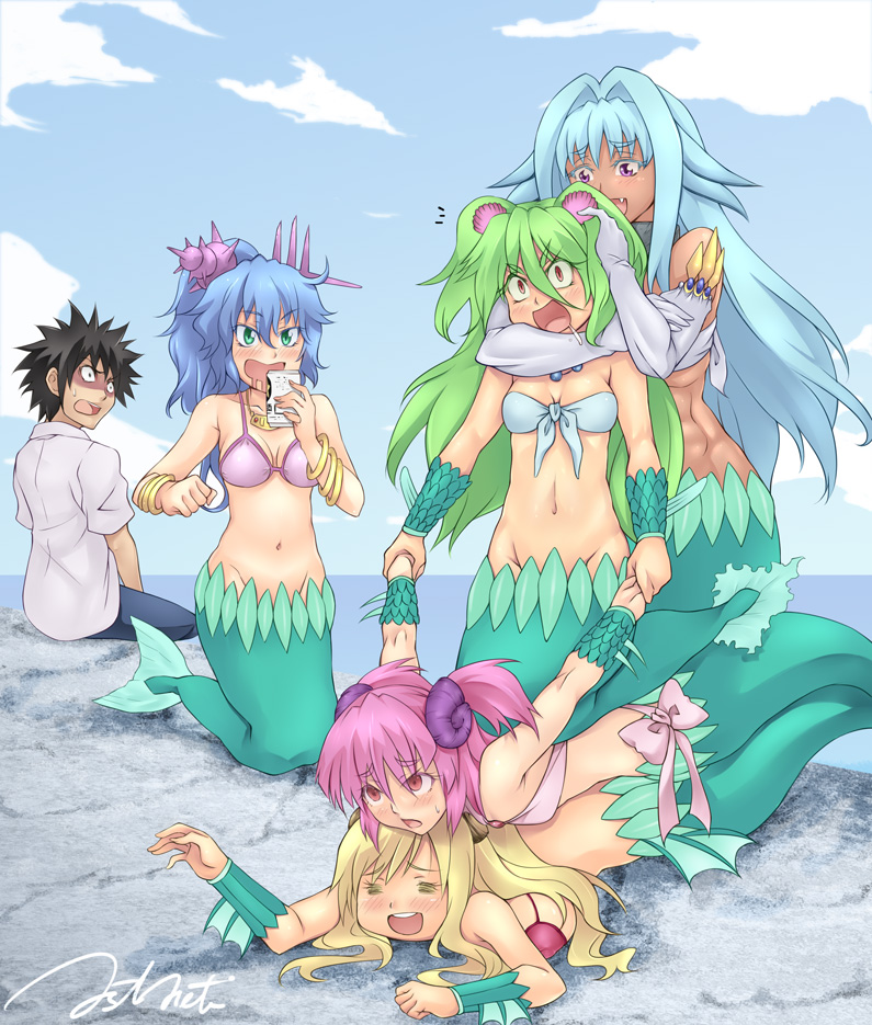 /\/\/\, 1boy, 5girls, abs, armlock, bikini, black_hair, blonde_hair