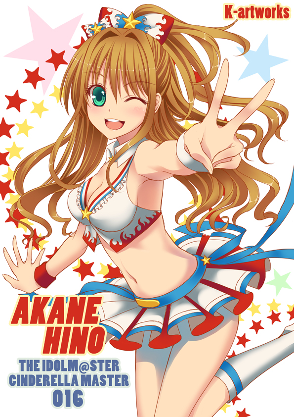 1girl, artist_name, blush, bow, breasts, brown_hair, character_name, cleavage