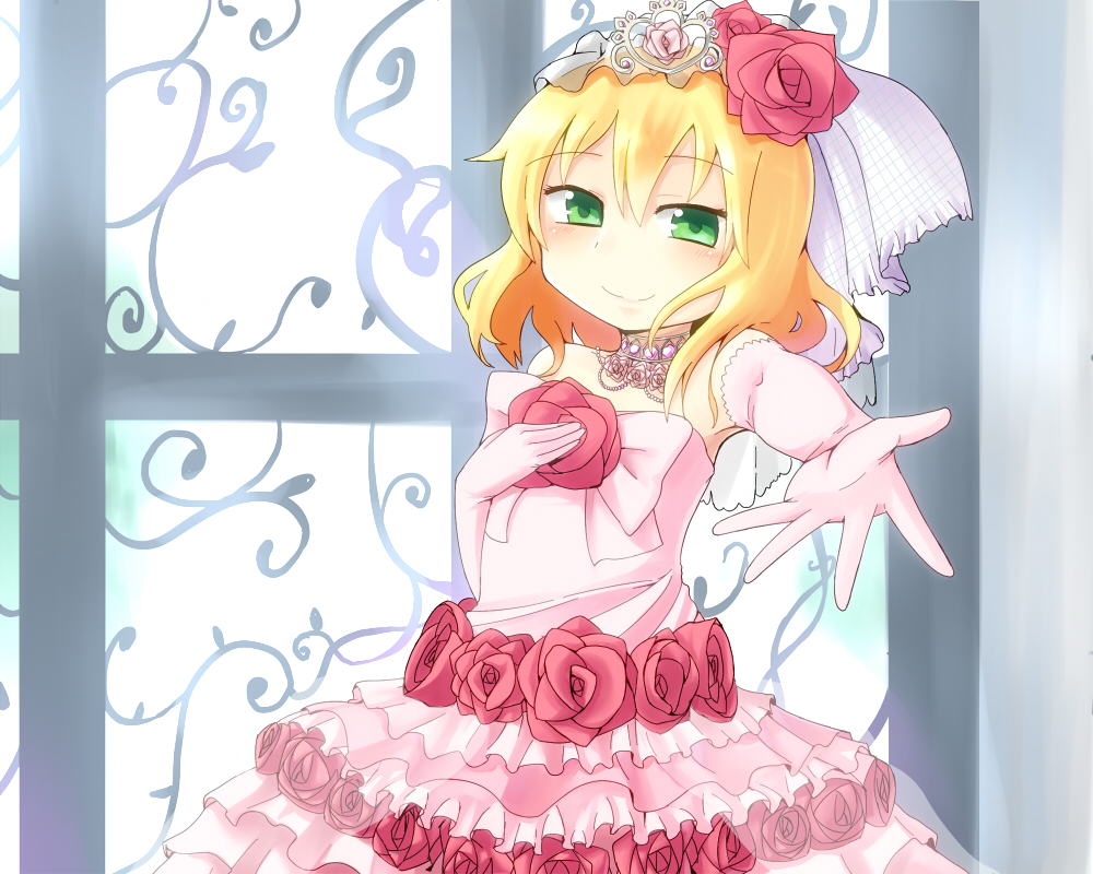 1girl, blonde_hair, blush, dress, flower, frills, green_eyes, hair_ornament