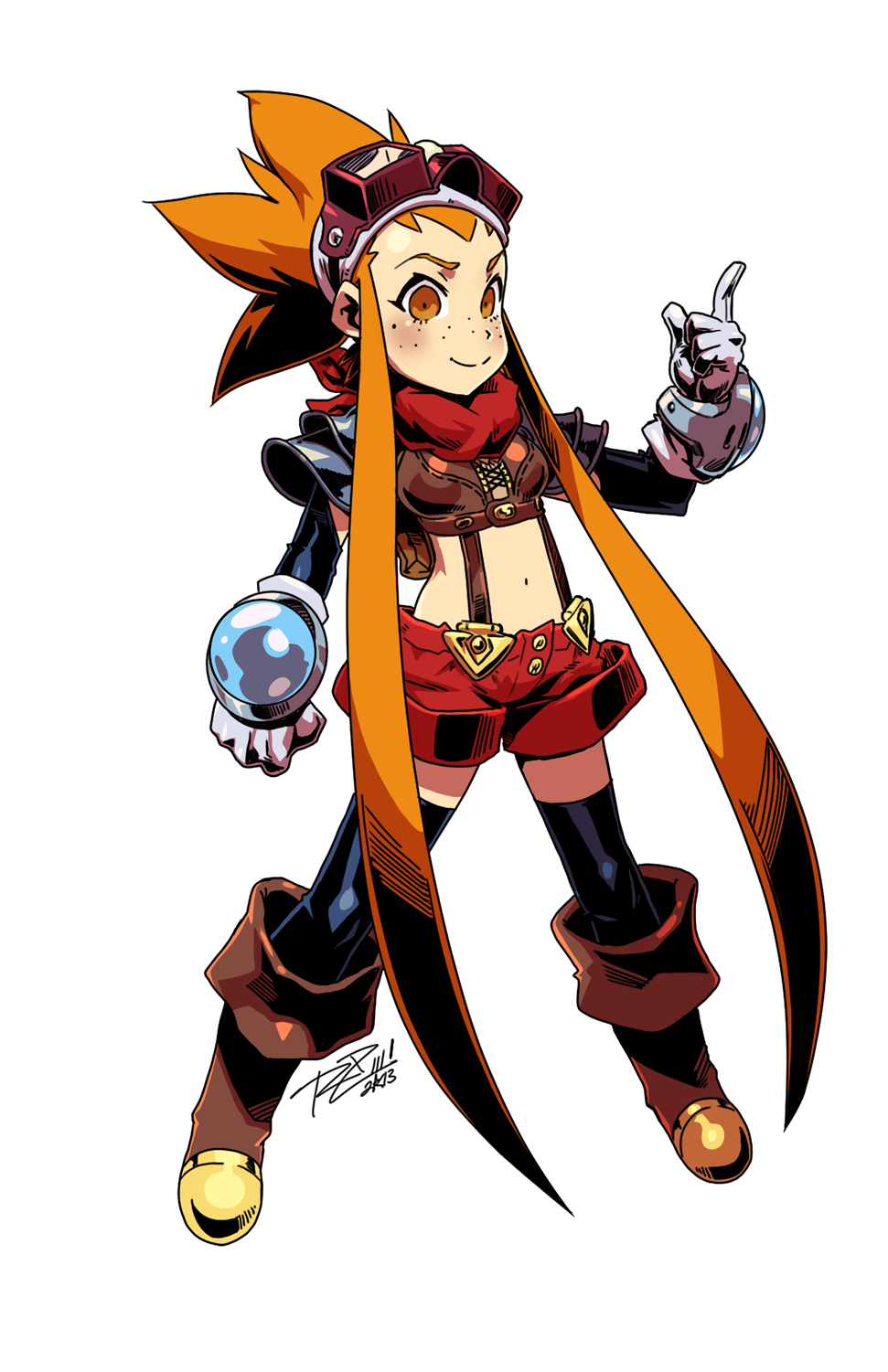 1girl, black_legwear, cryamore, esmyrelda_maximus, freckles, gloves, goggles, goggles_on_head