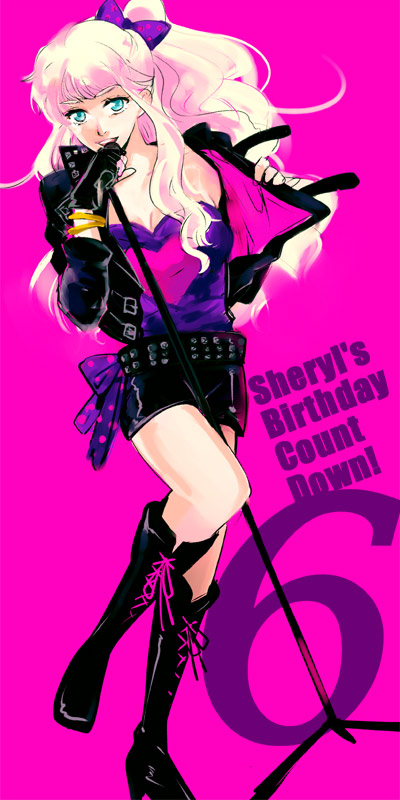 blue_eyes, boots, long_hair, macross, macross_frontier, microphone, ponytail, sanami