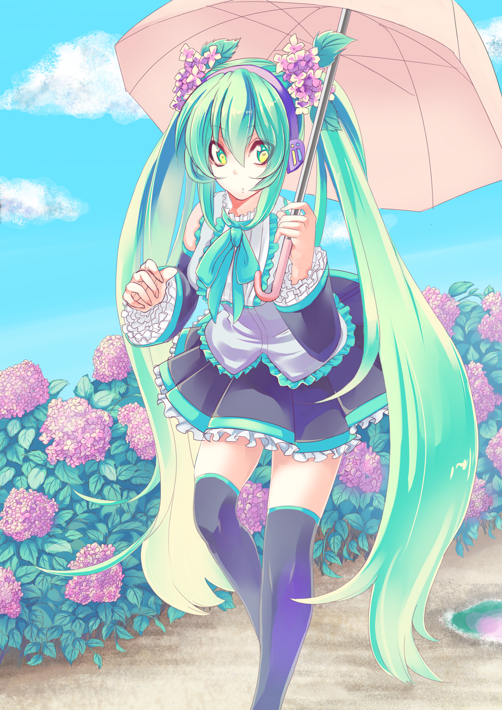 1girl, detached_sleeves, flower, frills, green_eyes, green_hair, hair_flower, hair_ornament