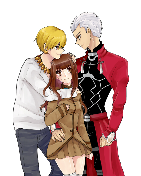 1girl, 2boys, archer, blonde_hair, brown_eyes, brown_hair, earrings, fate/extra_ccc, fate_(series), female_protagonist_(fate/extra), gilgamesh, jewelry, multiple_boys, necklace, red_eyes, sono_o_o_o, white_hair