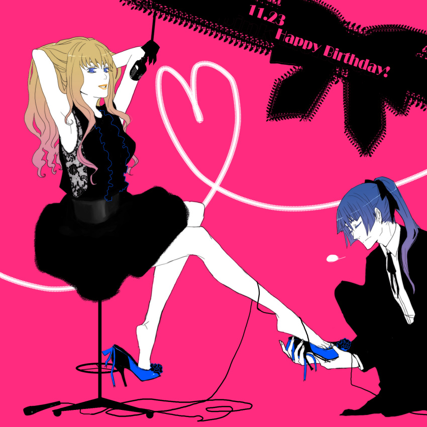 birthday, blonde_hair, blue_eyes, blue_hair, closed_eyes, dress, english, feet