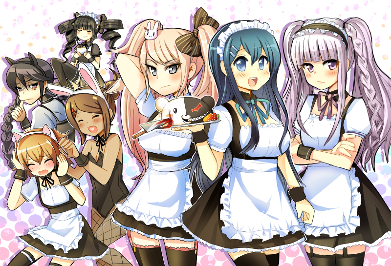 1boy, 6+girls, ^_^, alternate_costume, animal_ears, asahina_aoi_(dangan-ronpa), black_hair, black_legwear