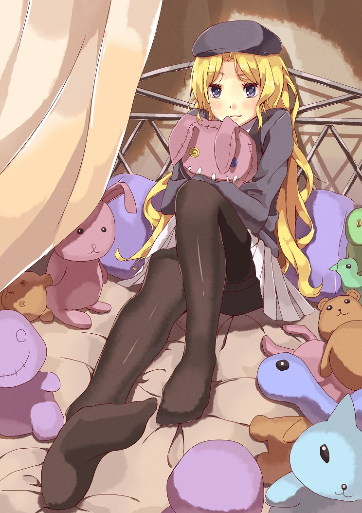 1girl, bed, beret, bird, blonde_hair, blue_eyes, dinosaur, frenda_seivelun
