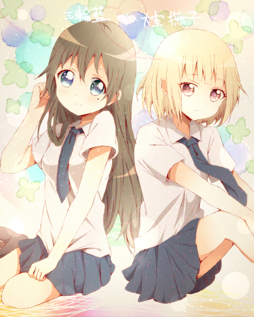 2girls, blonde_hair, blue_eyes, brown_hair, long_hair, miwa_ai, multiple_girls, necktie