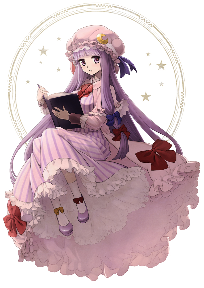 1girl, book, bow, crescent, frills, hair_bow, hat, kishiro_(michiko), lavender_eyes, lavender_hair, long_hair, looking_at_viewer, patchouli_knowledge, shoes, socks, solo, star, striped, touhou, very_long_hair