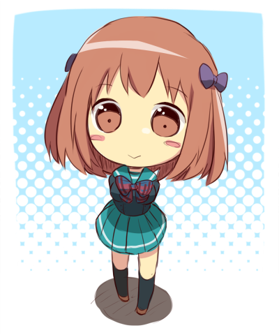 1girl, brown_eyes, brown_hair, chibi, hataraku_maou-sama!, lowres, nako_(serineko), ribbon, sasaki_chiho, school_uniform, short_twintails, solo, twintails