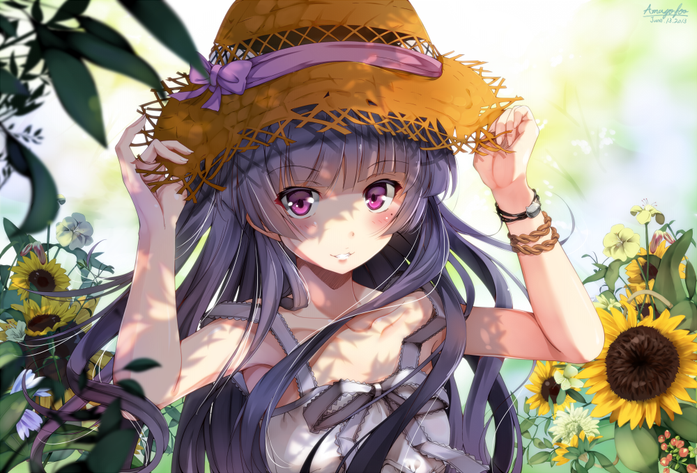 1girl, 2013, amayofuu, artist_name, black_hair, blush, dated, dress, flower, gokou_ruri, hat, hat_ribbon, holding, holding_hat, leaf, long_hair, mole, ore_no_imouto_ga_konna_ni_kawaii_wake_ga_nai, parted_lips, ribbon, smile, solo, sunflower, violet_eyes, white_dress