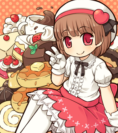 1girl, bangs, blunt_bangs, brown_hair, butter, cake, chocolate, coffee