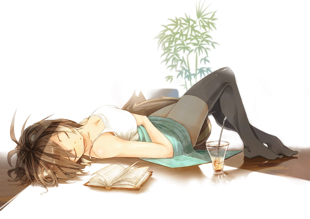 animal_ears, blazblue, book, brown_hair, chatsubo_(yaba-yaba), drink, makoto_nanaya, sleeping