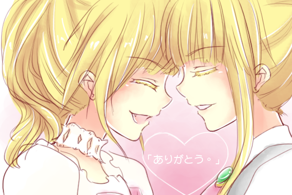 1girl, androgynous, blonde_hair, choker, closed_eyes, fang, forehead-to-forehead, heart