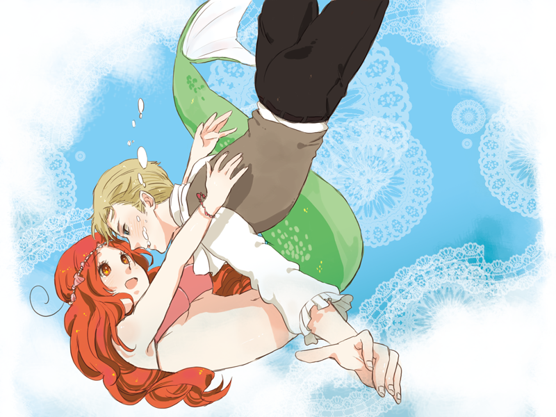 +_+, 1boy, 1girl, ahoge, ariel_(disney), axis_powers_hetalia, bikini_top, blonde_hair, blue_eyes, blush, breasts, bubble, crossover, disney, fingers, genderswap, germany_(hetalia), hair_ornament, long_hair, mameda, mermaid, monster_girl, nail, navel, northern_italy_(hetalia), open_mouth, orange_hair, pants, shirt, short_hair, the_little_mermaid, underwater
