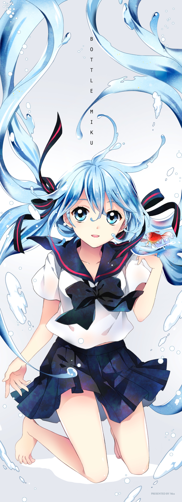 1girl, blue_eyes, blue_hair, bottle_miku, character_name, feet, fish, floating_hair