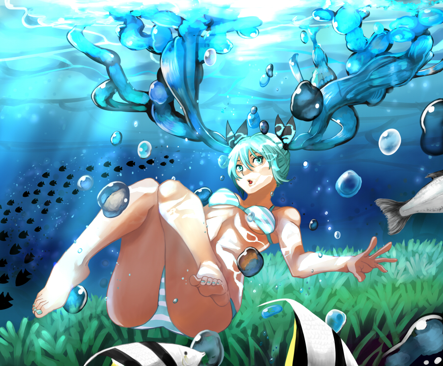 1girl, aqua_eyes, aqua_hair, barefoot, bikini, bubble, eiji_(eiji), feet