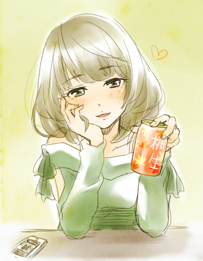 1girl, bisuke_(bisco), blue_eyes, blush, can, cellphone, collarbone, green_eyes