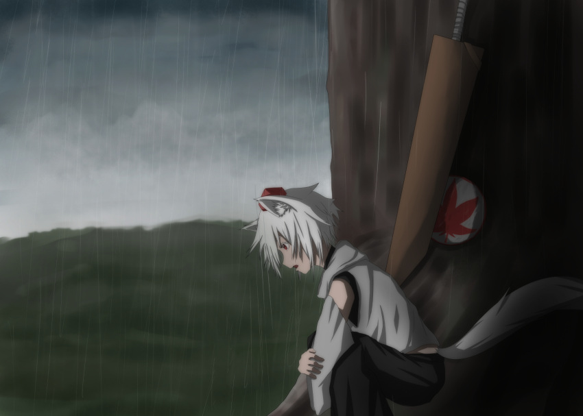 1girl, animal_ears, cloudy_sky, detached_sleeves, forest, hat, highres, houtinti, inubashiri_momiji, looking_down, nature, open_mouth, outdoors, profile, rain, red_eyes, sheath, sheathed, shield, short_hair, skirt, solo, squatting, sword, tail, tokin_hat, touhou, weapon, white_hair, wolf_ears, wolf_tail