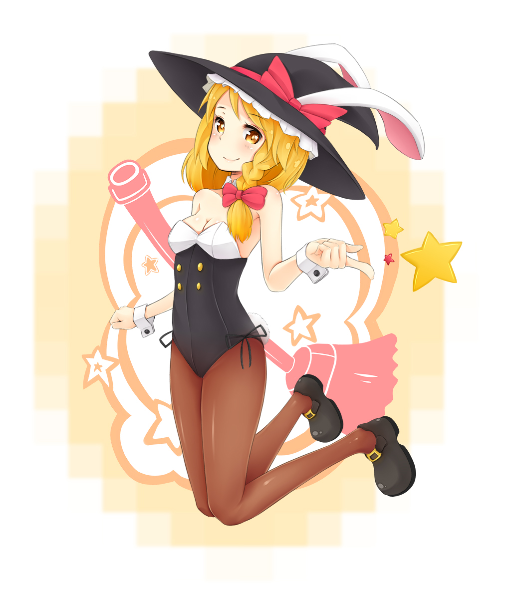 1girl, animal_ears, blonde_hair, bow, braid, breasts, bunny_girl, bunny_tail