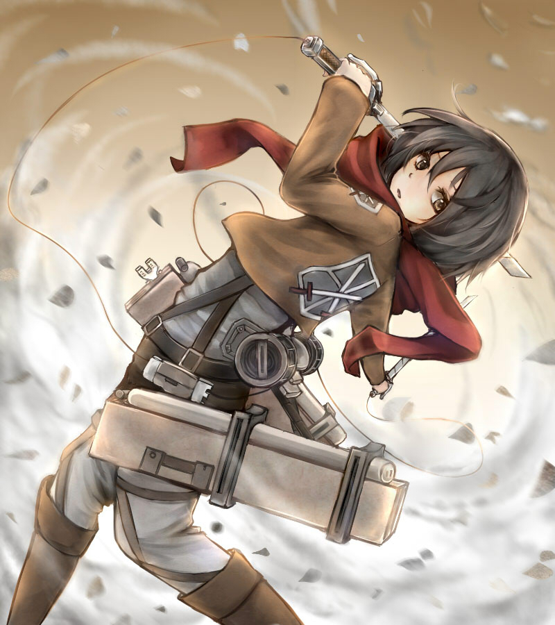 black_hair, boots, brown_eyes, dual_wielding, mikasa_ackerman, scarf, shingeki_no_kyojin, short_hair
