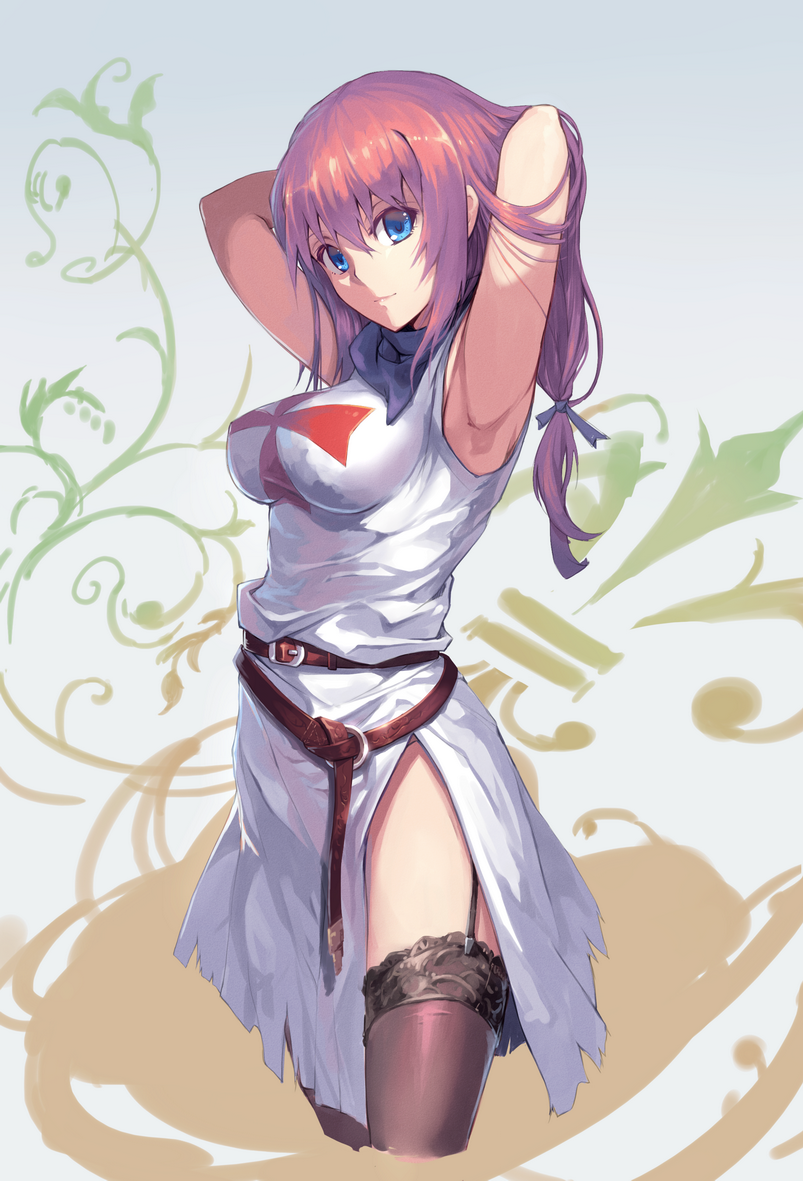 1girl, arms_up, breasts, garter_straps, knights_templar, long_hair, nightmaremk2, original
