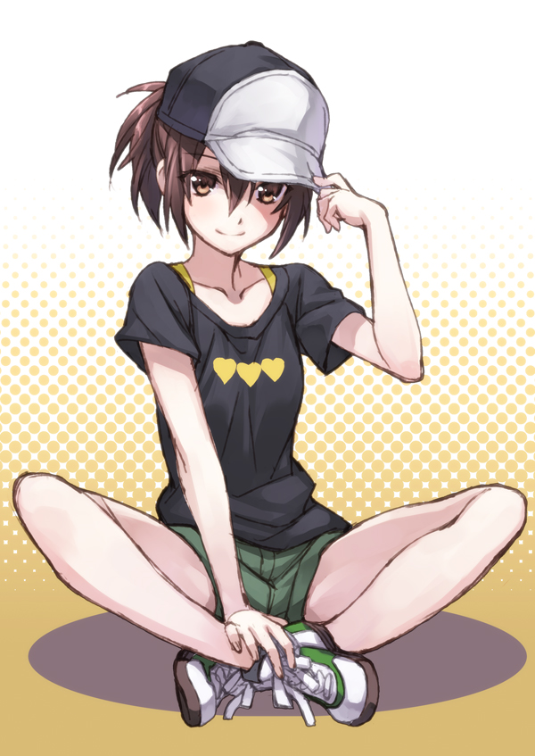 1girl, baseball_cap, brown_eyes, brown_hair, casual, hand_on_hat, hat, heart