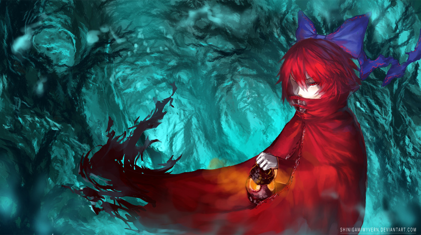 1girl, blue_background, bow, buckle, cape, covering_mouth, dungeon, hair_bow