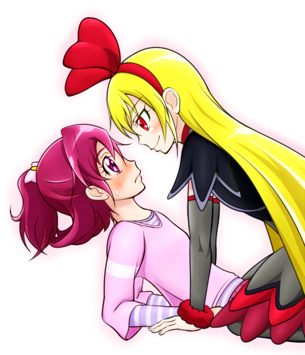2girls, aida_mana, aka_shiba, blonde_hair, blush, detached_sleeves, dokidoki!_precure, eye_contact, girl_on_top, long_hair, looking_at_another, multiple_girls, pink_eyes, pink_hair, precure, profile, red_eyes, regina_(dokidoki!_precure), short_hair, simple_background, smile, straddle, white_background, yuri
