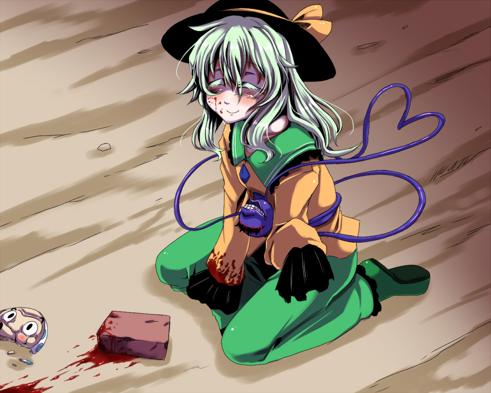1girl, blood, blood_on_face, bloody_clothes, blush, brick, closed_eyes, collarbone, green_hair, grin, hat, heart, komeiji_koishi, kuon_yashiro, long_sleeves, mask, smile, solo, third_eye, touhou, wide_sleeves
