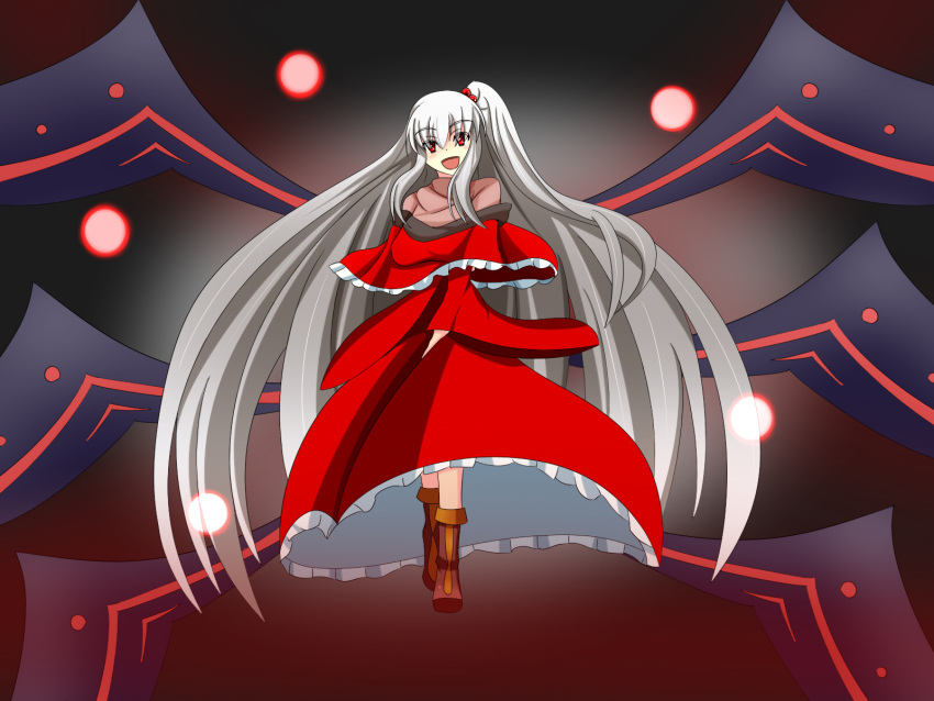 1girl, boots, energy_orb, hair_bobbles, hair_ornament, highres, multiple_wings, red_eyes, shinki, side_ponytail, silver_hair, touhou, touhou_(pc-98), wings